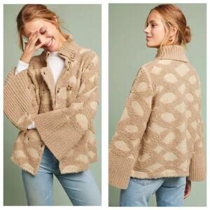 Anthropologie Rosie Neira Intarsia Spotted Sweater Cardigan Size XSP Tan Boho